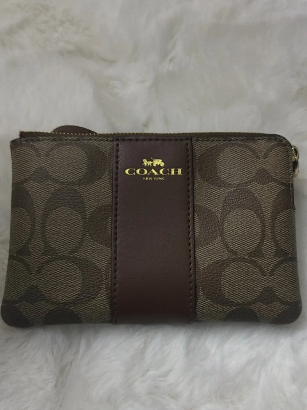Coach Brown Signature Canvas Wristlet with Gold Logo